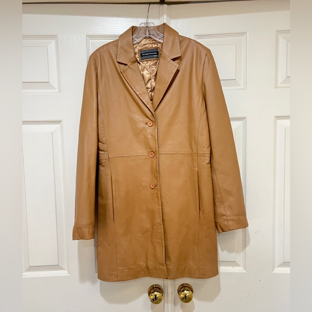 Women Sz Medium Tan Leather Long Jacket  Coat‎ Pockets Mob Wife Old Money Winter